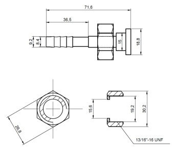Чертеж 13-1540 Фитинг стальной 8мм 3-8 №6х180˚ ORFS 13-16-16UNF