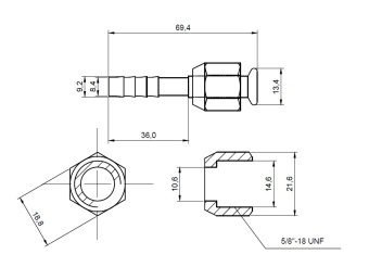 Чертеж 13-0886 Фитинг алюминиевый 8мм 3-8 №6х180˚ FLARE 5-8-18UNF гайка h22мм